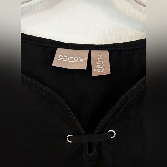 Chicos Black Short-Sleeve Tee grommet lace up‎ top size 2 women’s - Picture 5 of 12